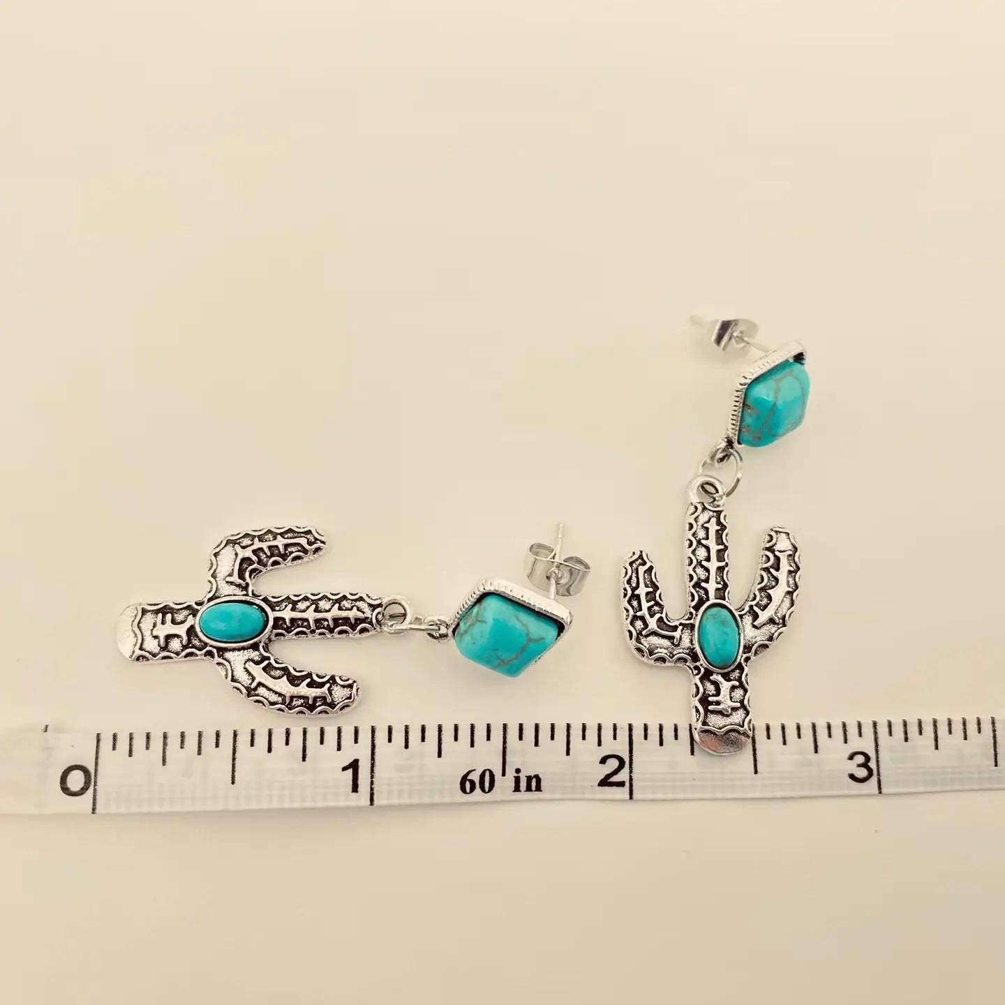 Turquoise Metal Cactus Pendant Western Style Post Earrings