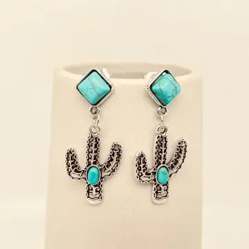 Turquoise Metal Cactus Pendant Western Style Post Earrings