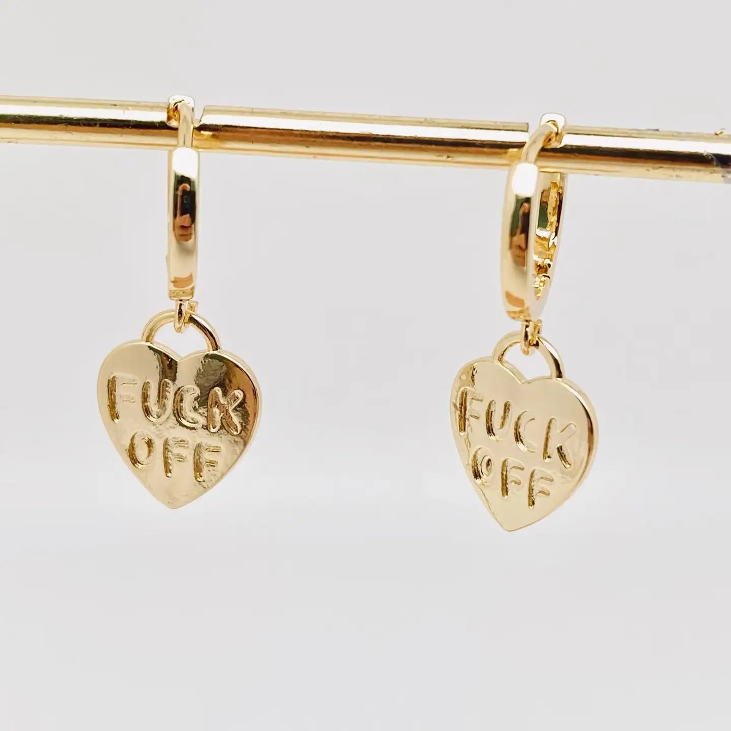 "Fuck Off" Heart-Shaped Gold Plated Huggie Earrings