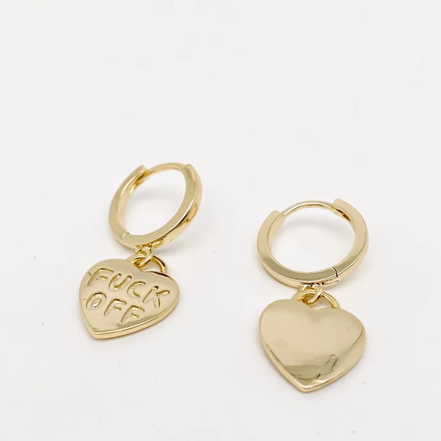 "Fuck Off" Heart-Shaped Gold Plated Huggie Earrings